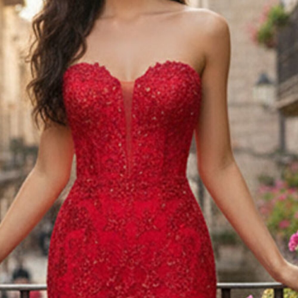 New Strapless Red Mermaid Dress w/ Flare Skirt & Floral Lace Motif AC 7090 - Picture 8 of 9
